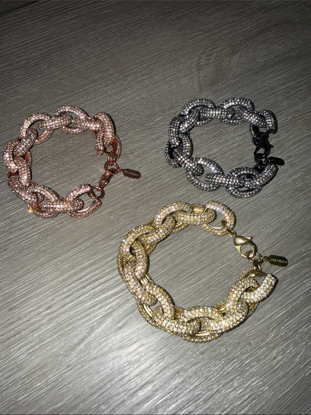 New Lisa Freede Rose Gold Gunmetal Crystal Pave Chain Link Bracelet Women